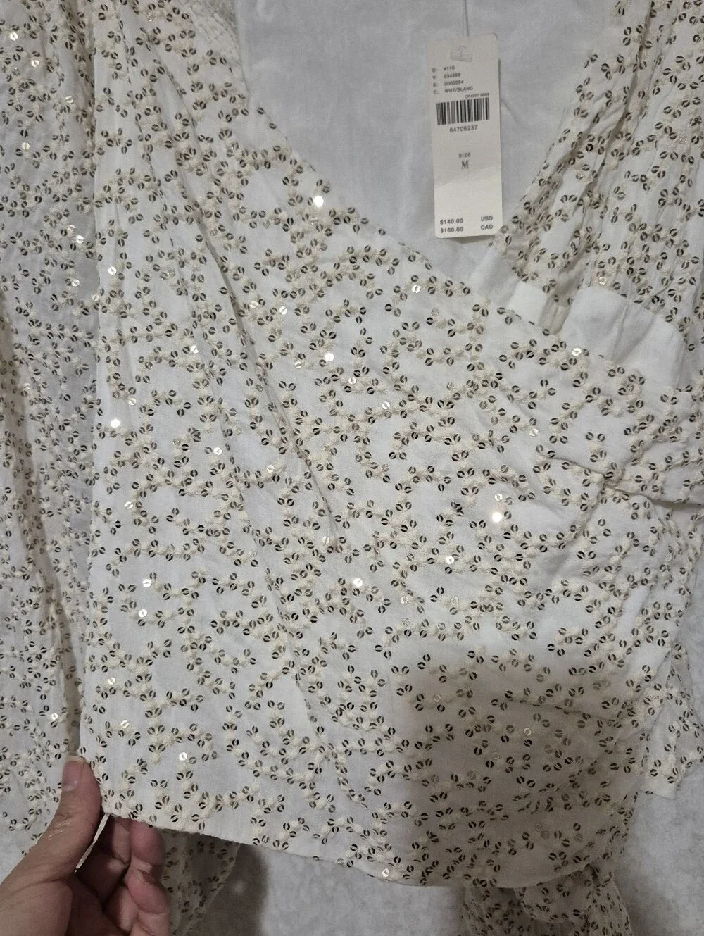NWT Anthropologie Cream Wrap Blouse with Gold Sequin Detail..Size:M